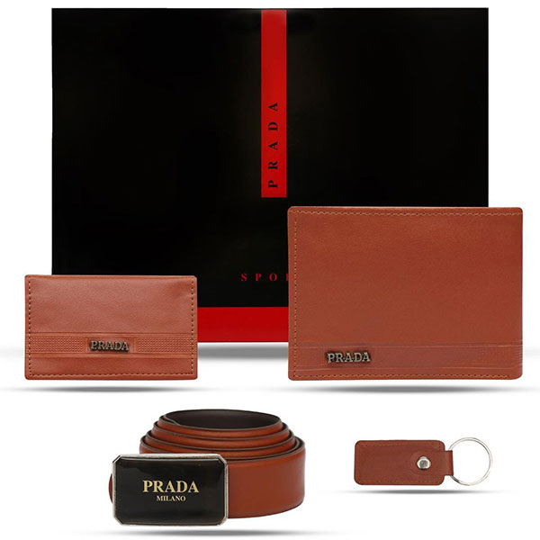 ست هدیه مردانه چهارتیکه پرادا کیف کوتاه مدل 907 رنگ قهوه ای عسلی